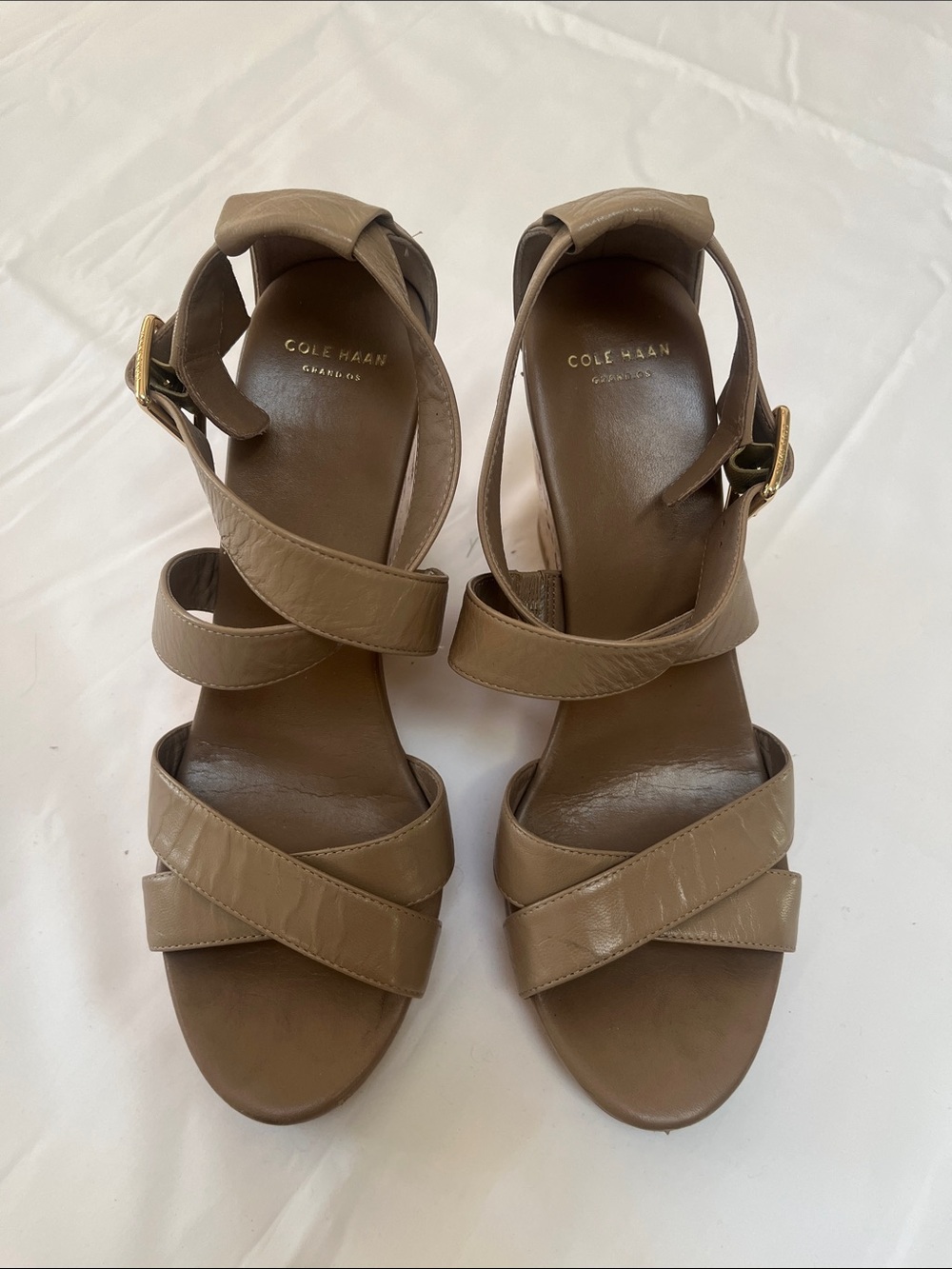 Cole Haan Taupe Leather Strappy Sandal Heels with Gold Buckle